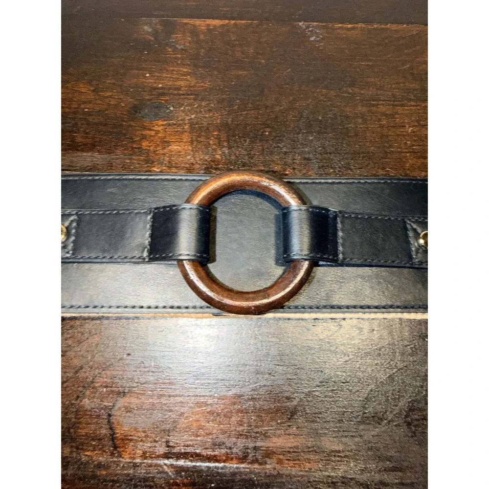 Torrid Womens Tan Woven Stretch Cinch Belt Black Faux Leather Wood Ring Sz 00